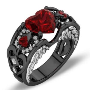 Creative Design For The Amazon. Europe And The United States Princess Diamond Ring Heart-shaped Ruby Engagement Lady Black Gold Ring Rings