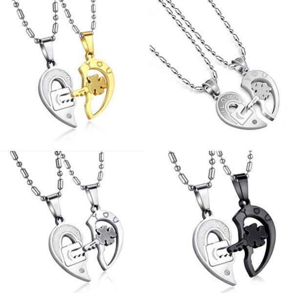 Couple Necklace Lock Pair Of Love Shaped Key Titanium Steel Pendant Necklaces 6