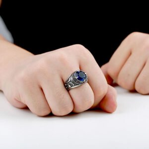 Vintage Hand Jewelry Stainless Steel Inlaid Sapphire Carved Men’s Ring Personalized Titanium Steel Ring Rings