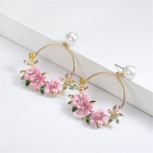 Trendy Cute Pink Flower Earrings For Women Girls Jewelry Female Rhinestone Gold Metal Round Circle Earrings Gift Earrings 12