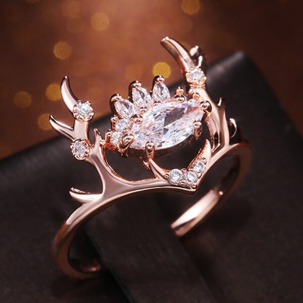 Fashion Glittering Zircon Embellished Lovely Rose Gold Elk Antlers Zircon Ring Christmas 4