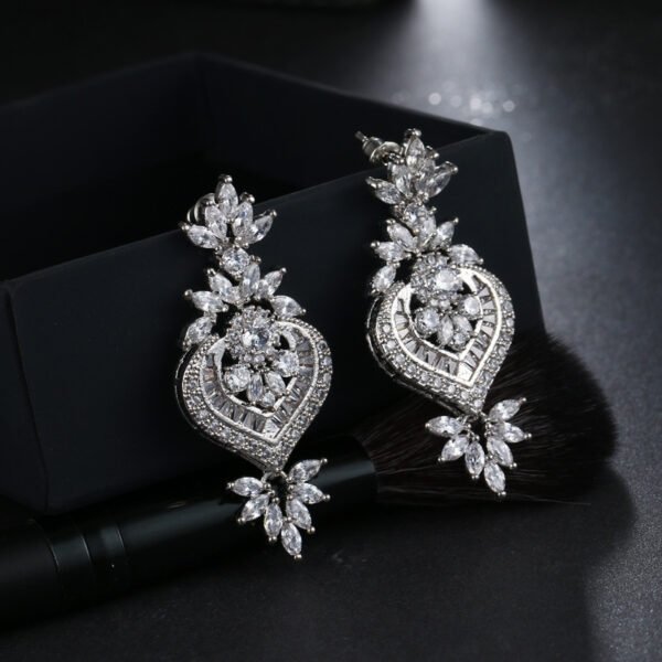 Ose Gold Luxury Big Long Flower Pendant Drop Earrings With Shining CZ Brincos Bridal Women Wedding Jewelry Earrings 3