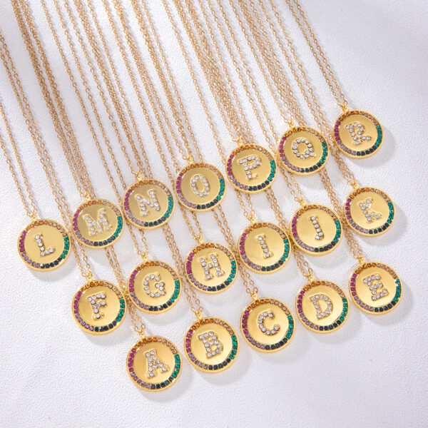 2023 New A-Z Letters Colorful Crystal Necklace Gold Round Stainless Steel Pendant Necklace Necklaces 5