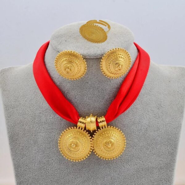 Ethiopian Ladies Gold Plated Necklace Earrings Ring Jewelry Set Earrings 6