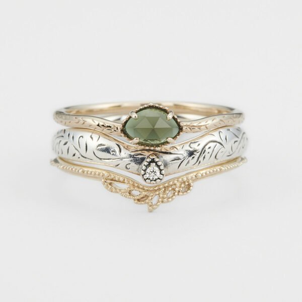 Vintage Leaf Carving Natural Green Chalcedony Ring Three Piece Set Rings 7