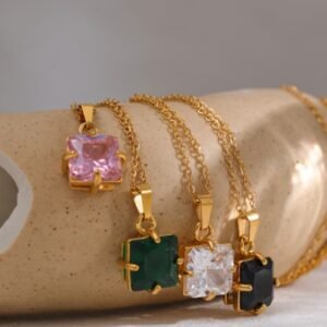 Elegant Pendant Necklace 18K Gold Stainless Steel Large  Square Zirconium Pendant Necklaces