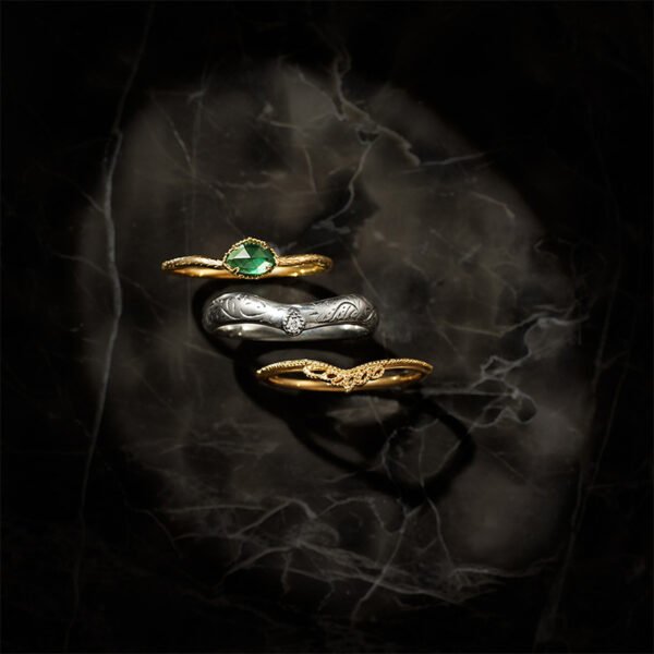 Vintage Leaf Carving Natural Green Chalcedony Ring Three Piece Set Rings 5