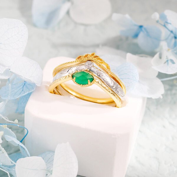 Vintage Leaf Carving Natural Green Chalcedony Ring Three Piece Set Rings 4