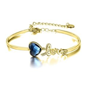 Blue Crystals from Austria Love Heart Bangle Bracelet in White Gold Plated Sterling Silver Bracelets