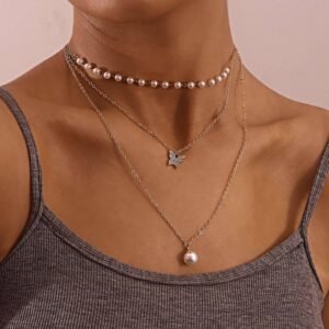 Multilayer Thin Chain Pearl And Diamond Butterfly Pendant Necklace Necklaces