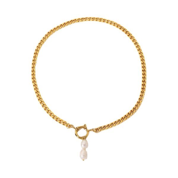 European And American Stainless Steel 18K Gold Two Pearl Pendant Cuban Link Chain Necklace Necklaces 4