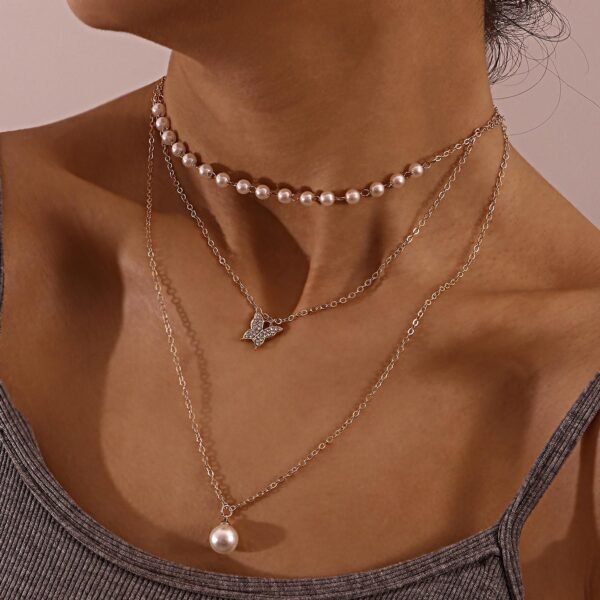 Multilayer Thin Chain Pearl And Diamond Butterfly Pendant Necklace Necklaces 6