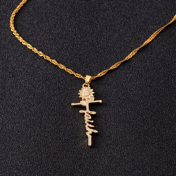 Gold Sunflower Faith Letter Cross Necklace Jewelry Necklaces 4