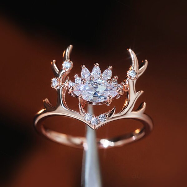 Fashion Glittering Zircon Embellished Lovely Rose Gold Elk Antlers Zircon Ring Christmas 5