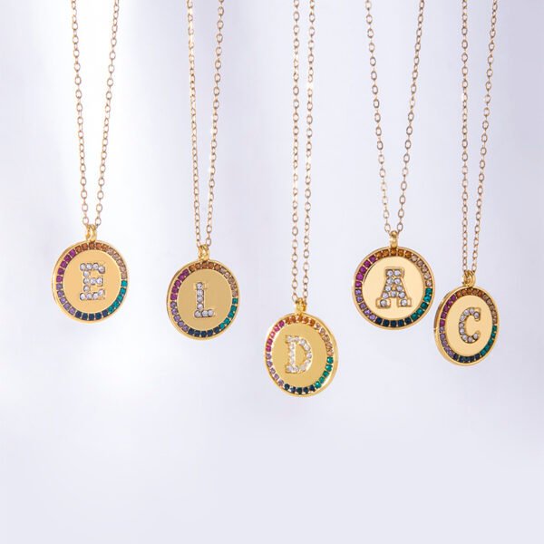 2023 New A-Z Letters Colorful Crystal Necklace Gold Round Stainless Steel Pendant Necklace Necklaces 3