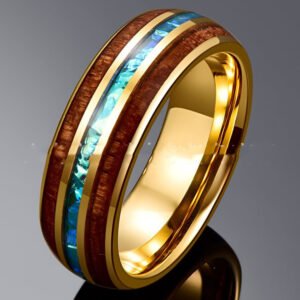 6MM Wide Electroplated Gold Inlaid Locust Wood Opal Rings