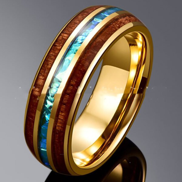 6MM Wide Electroplated Gold Inlaid Locust Wood Opal Rings 3