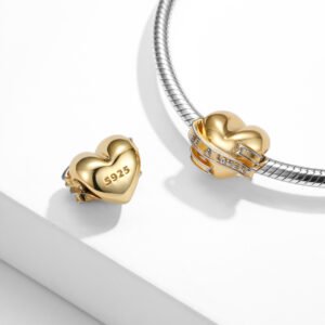 Ribbon Heart Beads 925 Sterling Silver Gold Plated Beads Women’s Bracelet Necklace Diy Accessories Necklaces