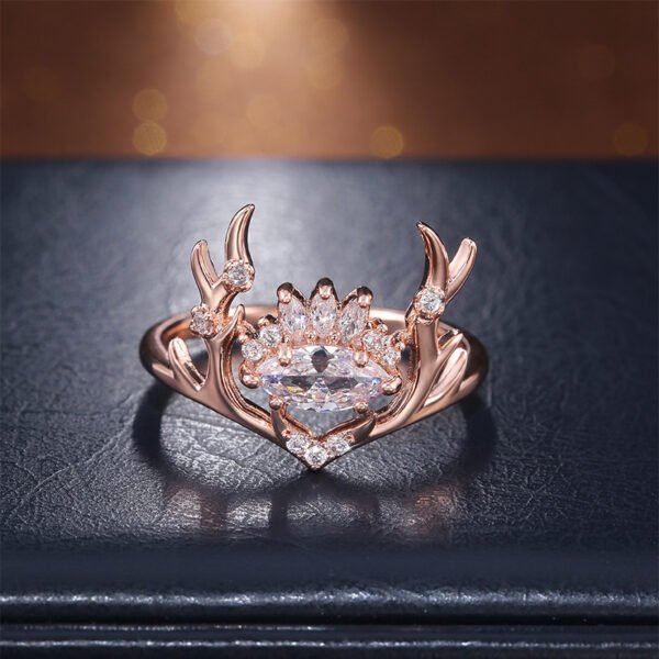 Fashion Glittering Zircon Embellished Lovely Rose Gold Elk Antlers Zircon Ring Christmas 3
