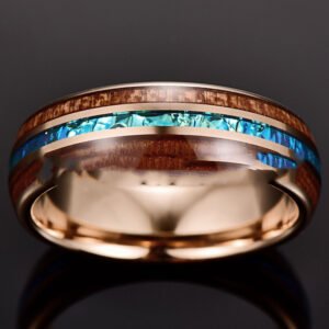 Rose Gold Inlaid Acacia Wood Opal Dome Tungsten Steel Ring Rings Rose Gold Inlaid Acacia Wood Opal Dome Tungsten Steel Ring Rings