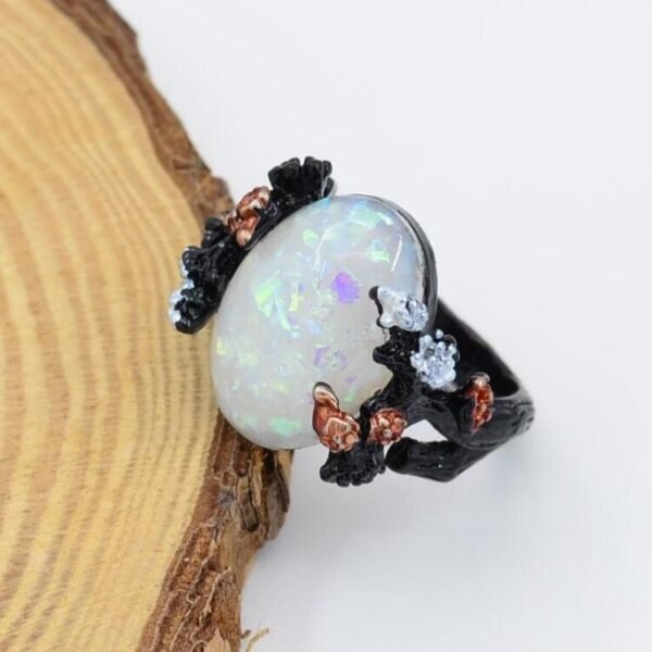 Vintage Flower Opal Ring Black Gold Finger Rings 5