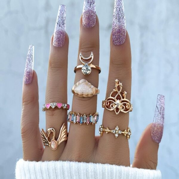 Women’s Casual Fashion White Cloud Swan Moon Shape Ring Set Rings 6