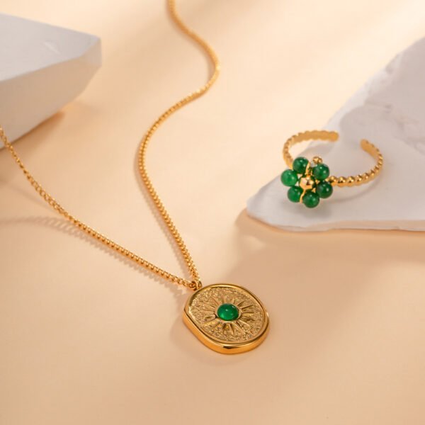 18K Gold Plated Stainless Steel Jewelry Gift Nature Green Stone Square Pendant Necklace Necklaces 6