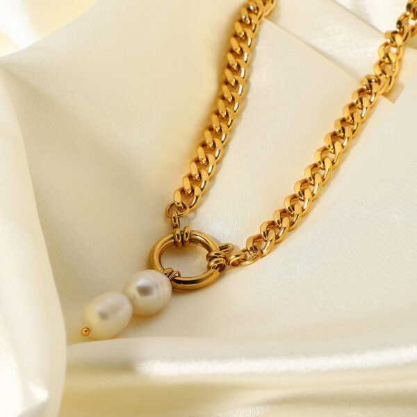 European And American Stainless Steel 18K Gold Two Pearl Pendant Cuban Link Chain Necklace Necklaces 7