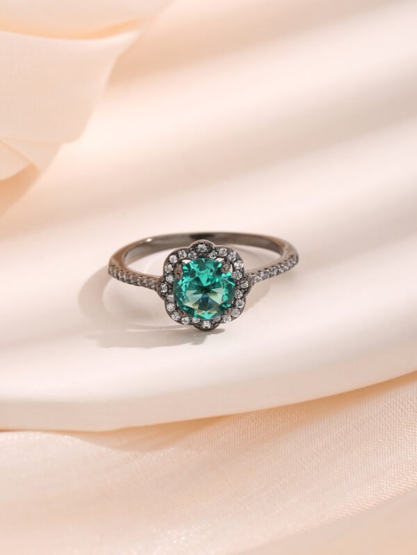 Vintage S925 Sterling Silver Black Gold Palaiba Glass Stone Flower Ring Rings 8