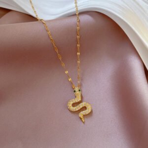 Full Of Diamond Green Eyes Small Snake Micro Gold Necklace Necklaces