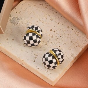 Vintage French Leather Black And White Round Earrings Earrings