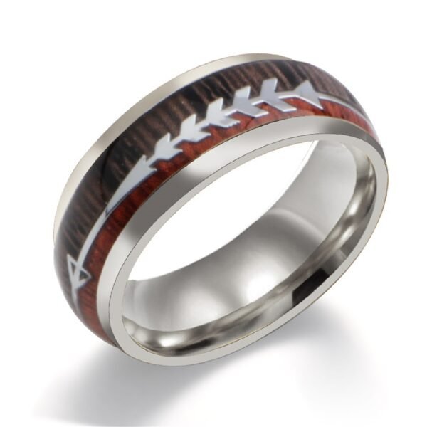 Stainless Steel Wood Grain Arrow Inlaid Ring Rings 5