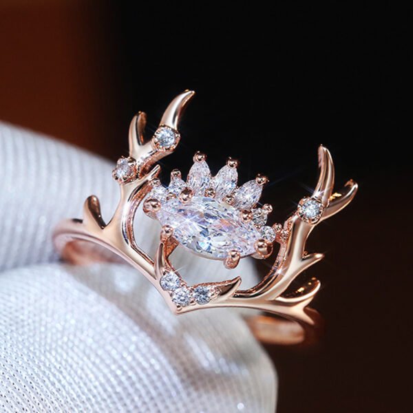 Fashion Glittering Zircon Embellished Lovely Rose Gold Elk Antlers Zircon Ring Christmas 7