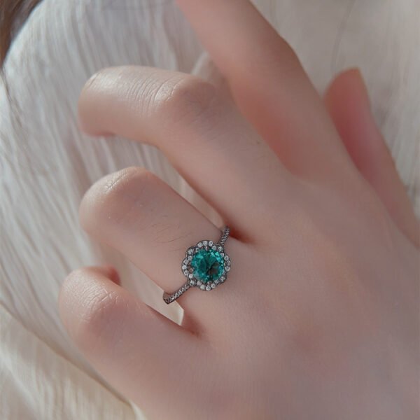 Vintage S925 Sterling Silver Black Gold Palaiba Glass Stone Flower Ring Rings 3