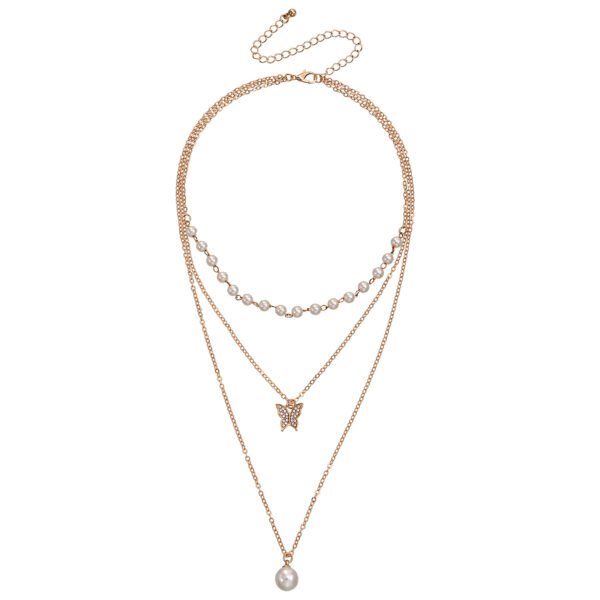 Multilayer Thin Chain Pearl And Diamond Butterfly Pendant Necklace Necklaces 7