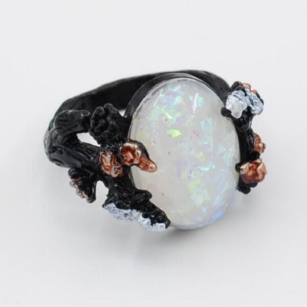 Vintage Flower Opal Ring Black Gold Finger Rings 6