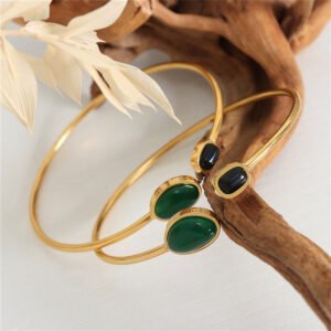 Simple Gold Alloy Inlaid Green Irregular Resin Open-end Bangle Bracelet Bracelets