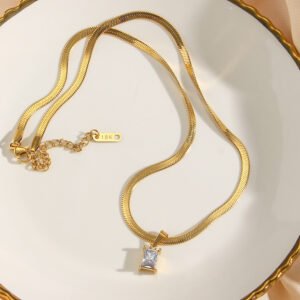 Stainless Steel 18K Gold Plated Flat Snake Chain Square Diamond Pendant Necklace Necklaces Stainless Steel 18K Gold Plated Flat Snake Chain Square Diamond Pendant Necklace Necklaces