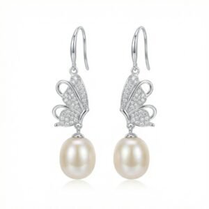 Pearl Butterfly Drop Earrings — CZ Pavé, Silver Tone Earrings