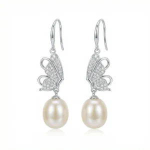 Pearl Butterfly Drop Earrings — CZ Pavé, Silver Tone Earrings Pearl Butterfly Drop Earrings — CZ Pavé, Silver Tone Earrings