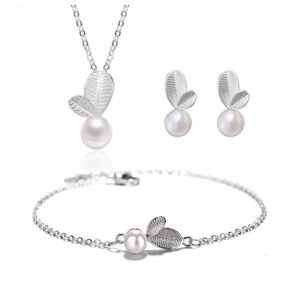 Pearl Leaf Jewelry Set — Necklace, Earrings & Bracelet Bracelets