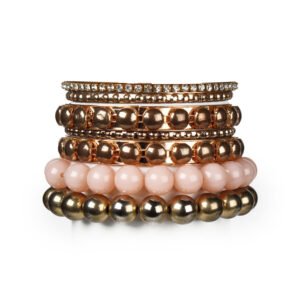Gold Bangle Bracelet Set — 7-Piece Burnished Gold & Blush Bead Stack Bracelets