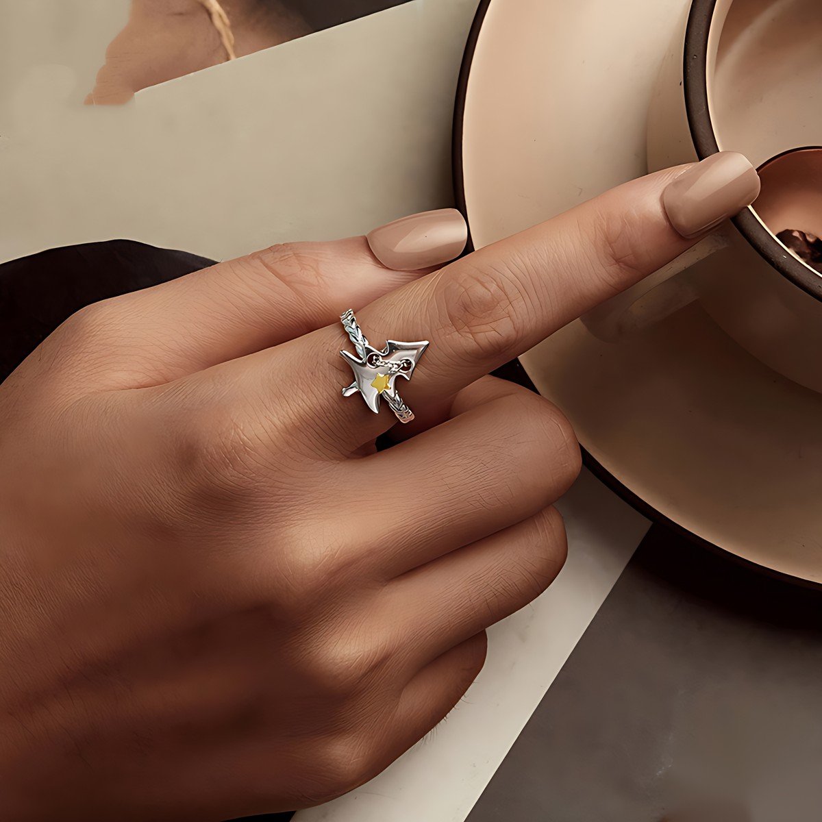 Christmas Tree Ring – Adjustable Open Ring with Gold-Tone Star 1 christmas tree ring – worn on the hand