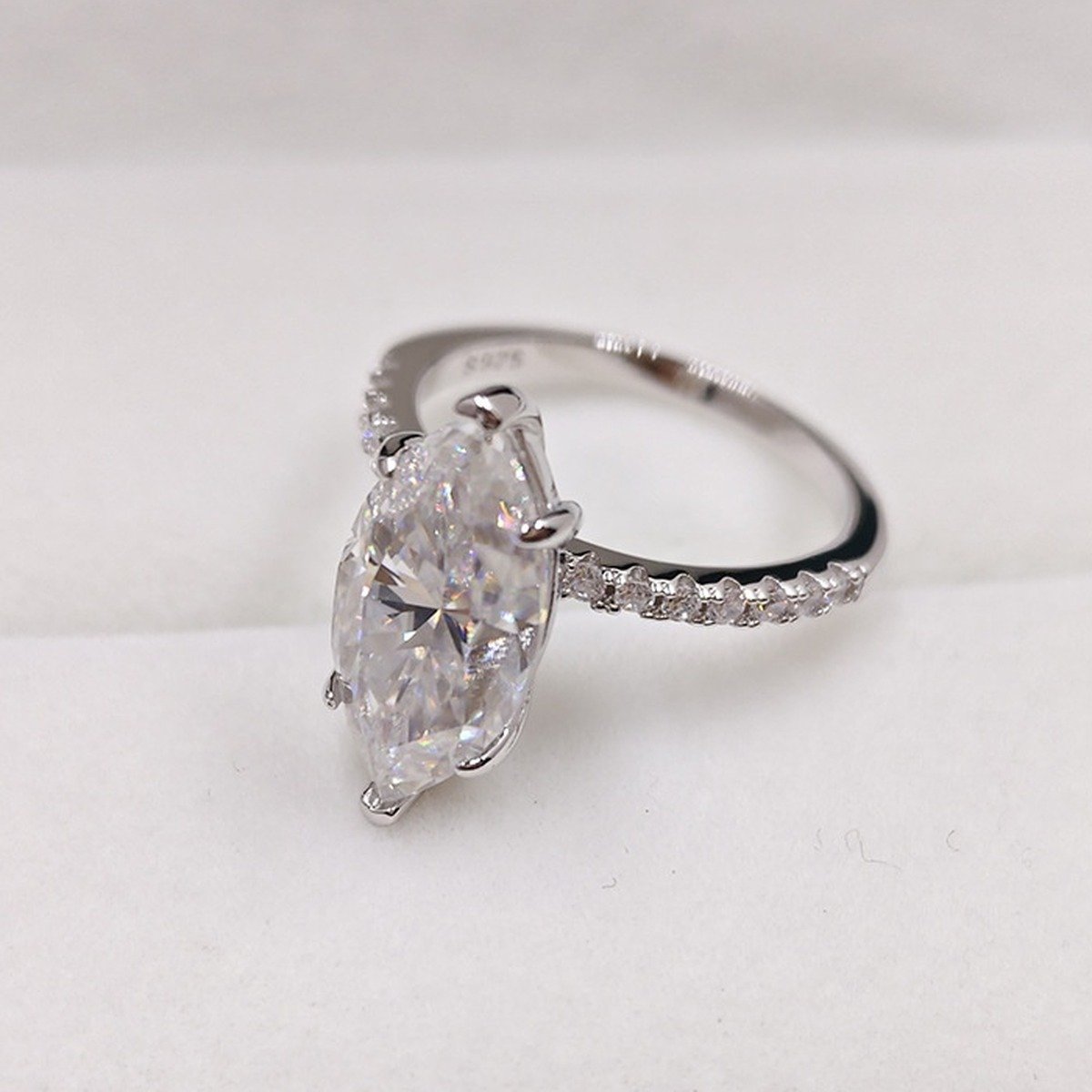 Marquise Moissanite Ring – 4 Carat, Sterling Silver, Pavé Band 1 marquise moissanite ring – in a ring box