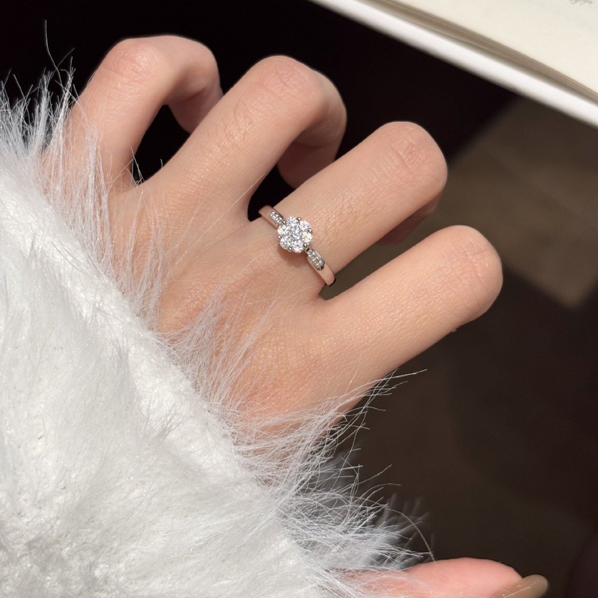 Moissanite Cluster Ring – Flower Design, Sterling Silver, Adjustable 1 moissanite cluster ring – worn on the hand