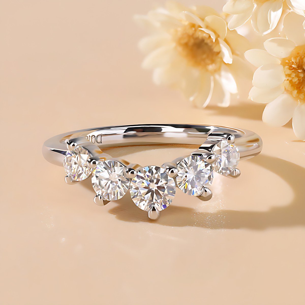 Moissanite Curved Wedding Band – 5-Stone V Ring, Sterling Silver 1 moissanite curved wedding band – five stones in a V shape