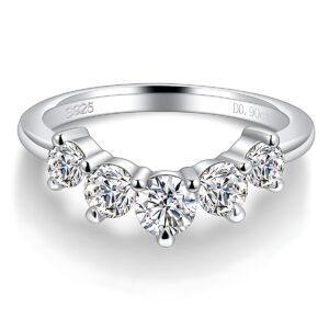 Moissanite Curved Wedding Band – 5-Stone V Ring, Sterling Silver Jewelry