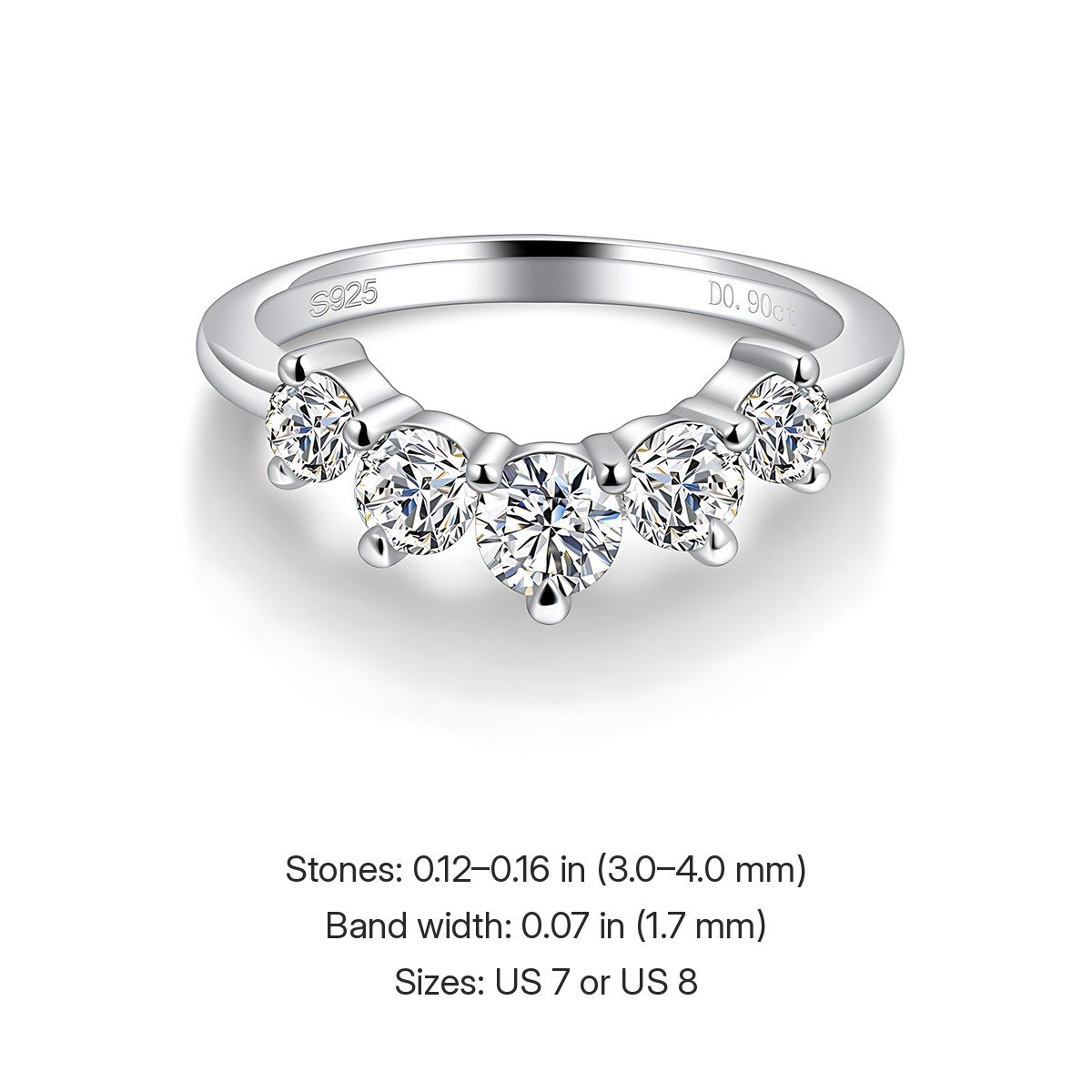 Moissanite Curved Wedding Band – 5-Stone V Ring, Sterling Silver Jewelry 7 Moissanite Curved Wedding Band – 5-Stone V Ring, Sterling Silver Jewelry 7