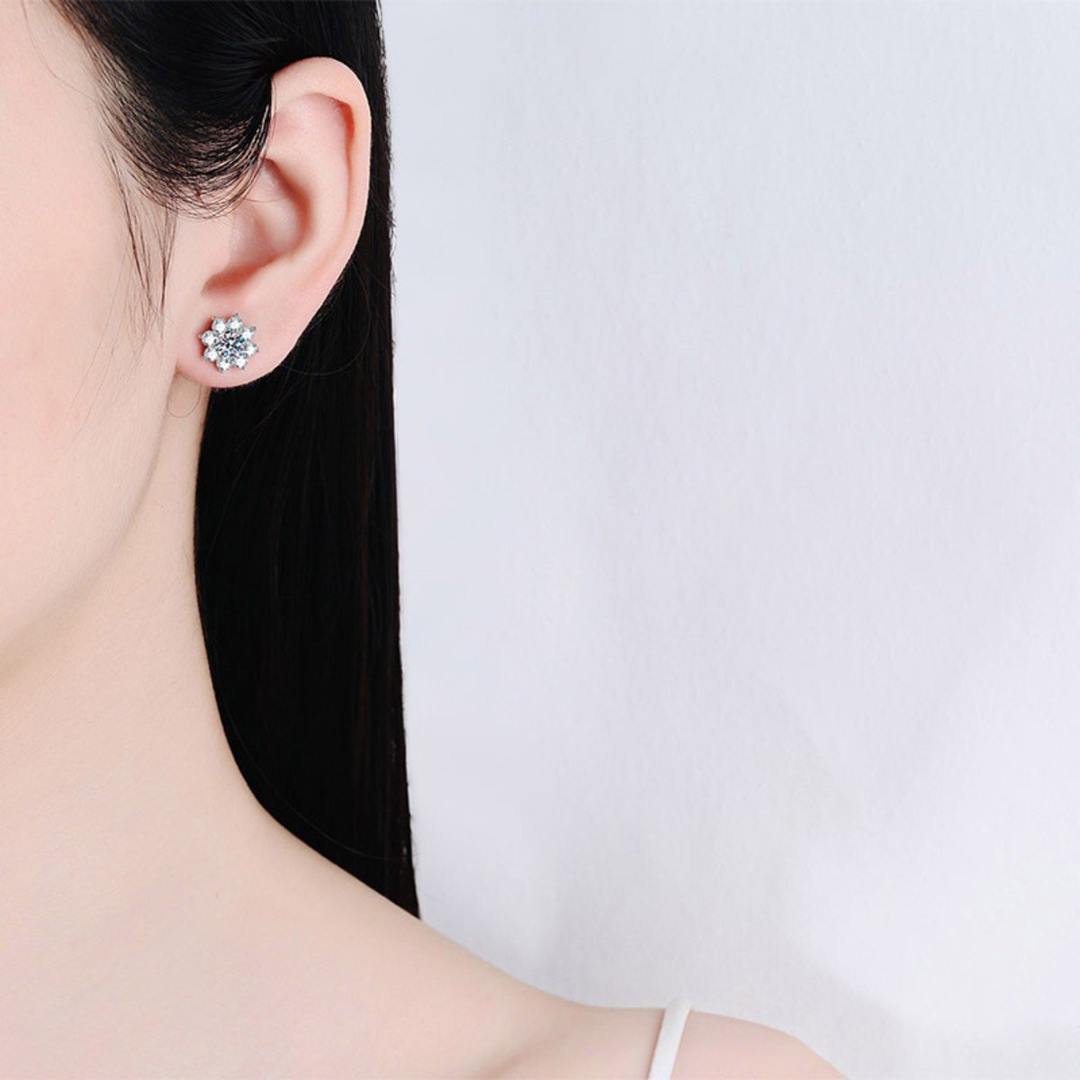 Snowflake Stud Earrings – Moissanite & 925 Sterling Silver, 1 ct Pair 1 snowflake stud earrings – worn on the ear