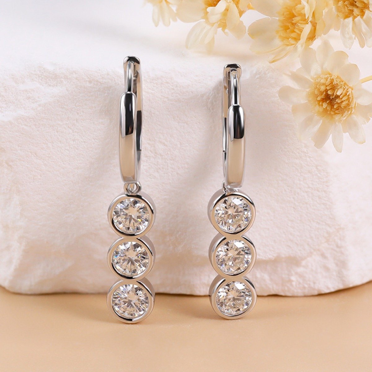 Moissanite Drop Earrings – Three Stone Sterling Silver Huggies New Arrivals 5 Moissanite Drop Earrings – Three Stone Sterling Silver Huggies New Arrivals 5